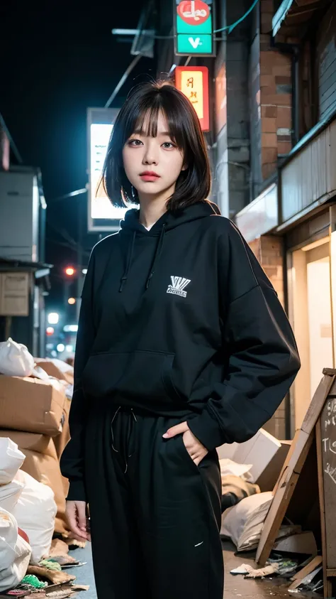 18-year-old,Korean women,holding a small brown glass bottle,Energy drinks,(((Dirty neon street at night))),(((Frowning,カメラをGlaring))),(Very fine eye), (((Wearing a long black hoodie,Wearing baggy pants))),(((Collapsing Building))),(((old buildings))),((pho...