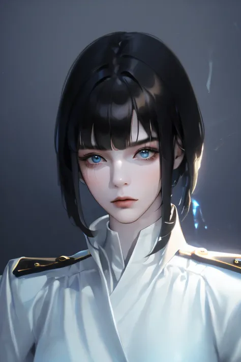 (Maximum resolution, clearly_image) best quality, individual, A woman, Solitary, masterpiece, Very detailed, Semi-realistic, Black short hair, Black Hair, Bangs, 18 years old, Mature, light blue military uniform, military uniform, Interior background, Mode...