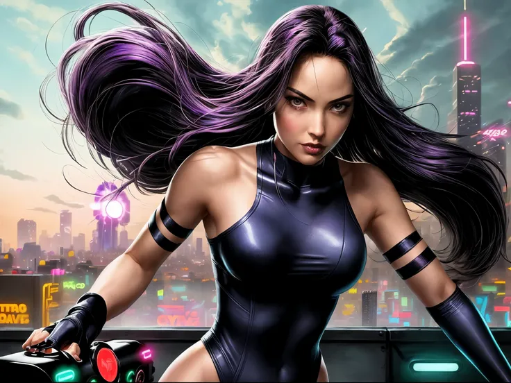 "In a futuristic world, Psylocke zoomed through the sky on her hoverboard, her mind controlling the speed and direction as she explored the neon-lit cityscape."

