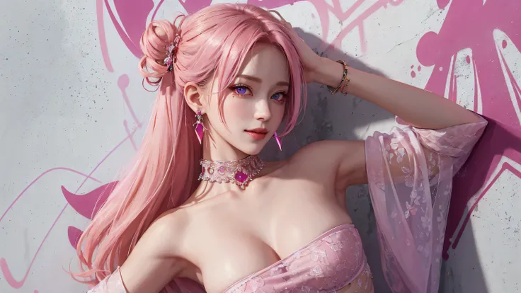 (masterpiece, best quality, 1girl, solo, intricate details, chromatic aberration), realistic, ((medium breath)),long hair, pink hair, red head ornament, pink highlights, hair over one eye,purple eyes, earrings, sharp eyes, choker, neon shirt, She wears a c...