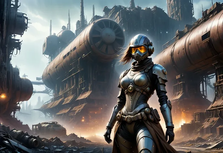 Future cyberpunk mechanical girl wearing a future gas mask walking through the destroyed future city，Silver Mechanical Girl，Mechanical joints，There are many rusty structures in the air,Destroyed large radar，Abandoned space station base， scenic Dystopian en...