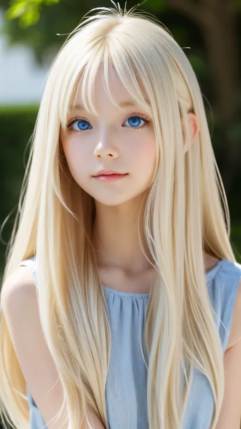 Shining, clear, white skin、Her windblown blonde hair hides her beautiful face、huge、28 years old cute sexy little beautiful face、Beautiful straight hair that stands out、growing up, Sparkling light blue eyes、long silky bangs that cover cute eyes, Sexy and cu...