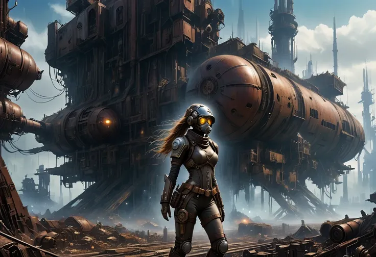 Future cyberpunk mechanical girl wearing a future gas mask walking through the destroyed future city，Silver Mechanical Girl，Mechanical joints，There are many rusty structures in the air, scenic Dystopian environment, Dystopian environment, Industrial scienc...