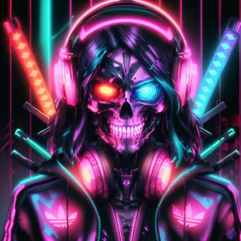 a close up of a person with headphones and a neon skull, cyberpunk skeleton, cyberpunk art style, synthwave art style ]!!, brigh...