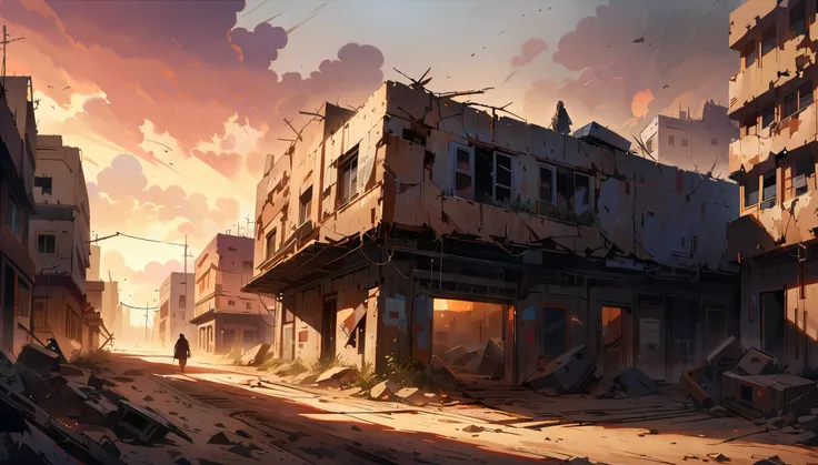 (best quality,4k,8k,highres,masterpiece:1.2),ultra-detailed,desolate,deserted,sunset,bleak,barren,hopeless,haunting,harsh terrain,scorching heat,dusty,ruined buildings,rubble and debris,abandoned city remnants,shattered glass,muted colors,rusted metal,crac...