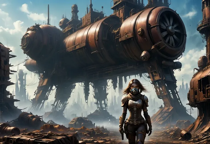 Future cyberpunk mechanical girl wearing a future gas mask walking through the destroyed future city，Silver Mechanical Girl，Mechanical joints，There are many rusty structures in the air, scenic Dystopian environment, Dystopian environment, Industrial scienc...