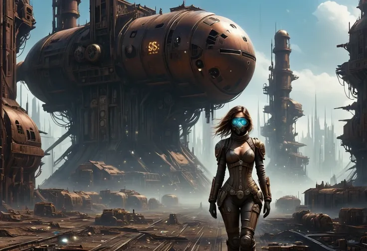Future cyberpunk mechanical girl wearing a future gas mask walking through the destroyed future city,Silver Mechanical Girl,Mechanical joints,There are many rusty structures in the air, scenic Dystopian environment, Dystopian environment, Industrial scienc...