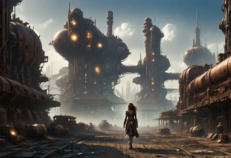 Future cyberpunk mechanical girl wearing a future gas mask walking through the destroyed future city，Silver Mechanical Girl，Mechanical joints，There are many rusty structures in the air, scenic Dystopian environment, Dystopian environment, Industrial scienc...