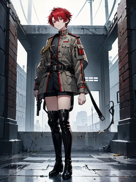 male, red hair silver eyes, ((armed shoulder strap)), military uniform, ((Military jacket)), ((Long boots)), ((full body)), ((a boy)), short hair