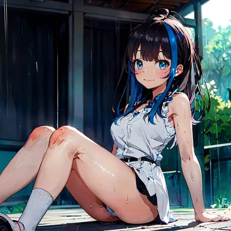 a matter of fact, daytime, sunlight, 1 girl, 8K resolution, blue hair, blue eyes, glowing eyes, white short skirt, Blush, tennis, sleeveless shirt, sunlight, Wet from the rain, seethrough, Sit with your knees raised., pussy, smile, the skirt is blowed up, ...