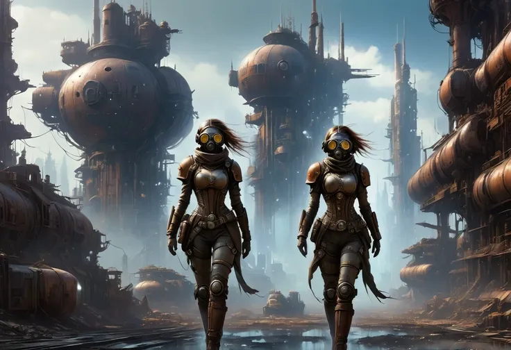 Future cyberpunk mechanical girl wearing a future gas mask walking through the destroyed future city，Silver Mechanical Girl，There are many rusty structures in the air, scenic Dystopian environment, Dystopian environment, Industrial science fiction, Industr...