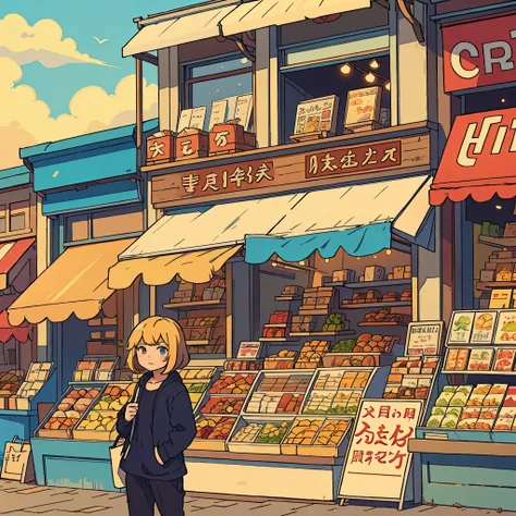 (beste-Qualit:0.8), (beste-Qualit:0.8), perfect anime illustration, Market in the city, NOhumans, Small shops, Accent lighting, Sunny day