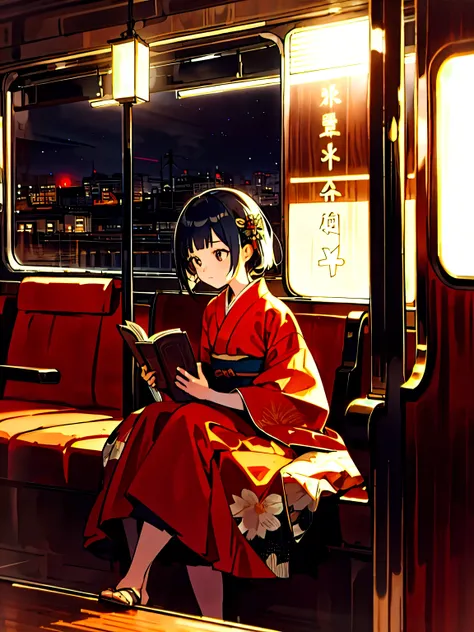 kimono, reading a book, retro train interior, a girl. night background, long skirt, sitting on the wooden seat, legs crossing, night background, 1900th,