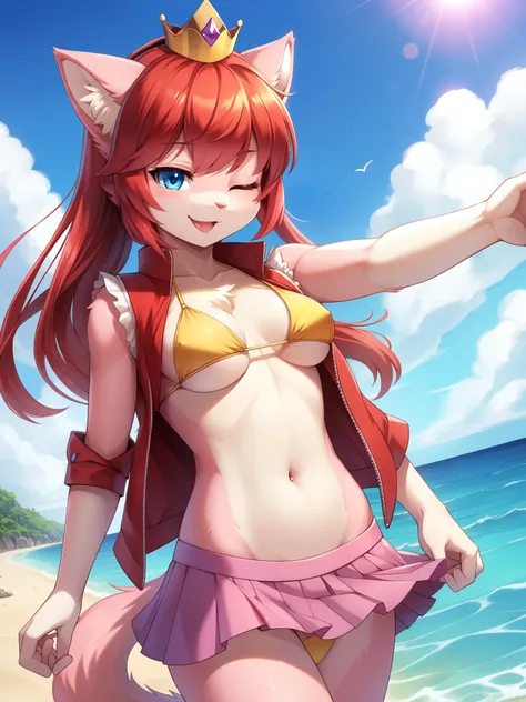 furry girl, cat, red hair, bangs, long ponytail, medium breasts, blue eyes, ((red vest, open clothes, yellow bikini, purple skirt, princess crown)), high quality, detailed body, detailed eyes, detailed face, masterpiece, glistening body, detailed body fur,...