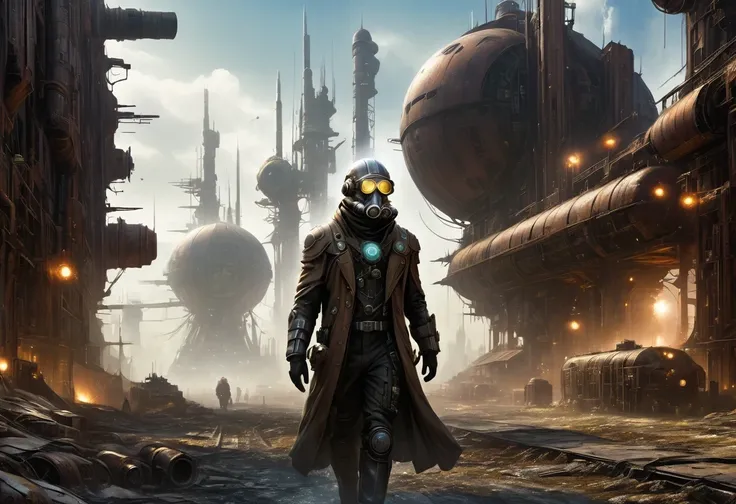 Futuristic white-robed doctor wearing futuristic gas mask walking through a destroyed future city，There are many rusty structures in the air, scenic Dystopian environment, Dystopian environment, Industrial science fiction, Industrial science fiction, Indus...