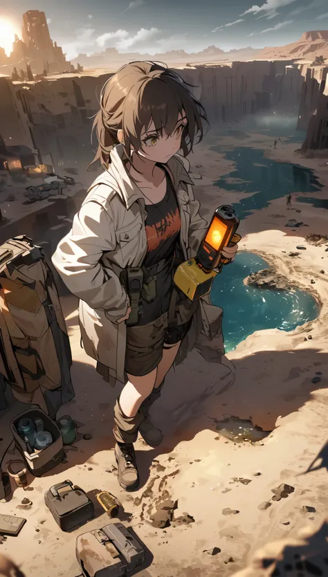 post-apocalyptic wasteland, desert canyon, small pond with dirty water, woman in worn-out travel clothes examining the radioactivity of water with a Geiger counter holding in hand, dystopian world, hot sun