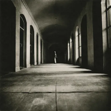 People walked down the long hallway with their luggage in hand., dark figure walking, claustrophobia, An eerie, unsettling space., pinhole photo : dream, Hyperliminal photography, Liminal Space Photography, claustrophobic, liminal space, eerie, scary, An e...