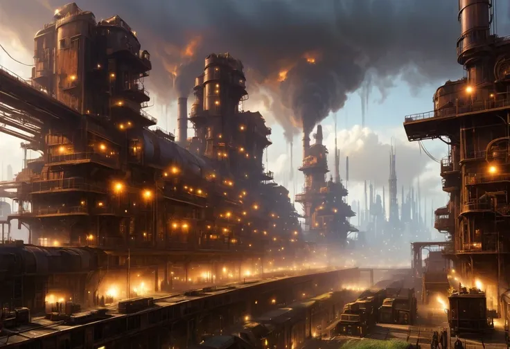 There are many rusty structures in the air, scenic Dystopian environment, Dystopian environment, Industrial science fiction, Industrial science fiction, Industrial science fiction, steampunk factory background, Dystopian digital concept art, Steampunk city...