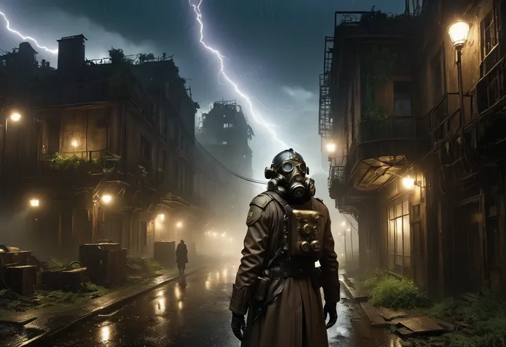 A future doctor in a white robe wearing a future Gas Mask walks through a destroyed future city，Heavy rain(illumination,The City of Doom,abandoned,dystopia,Futurism,Dark atmosphere,Overgrown vegetation,deserted street,Crumbling building,black wall,broken w...