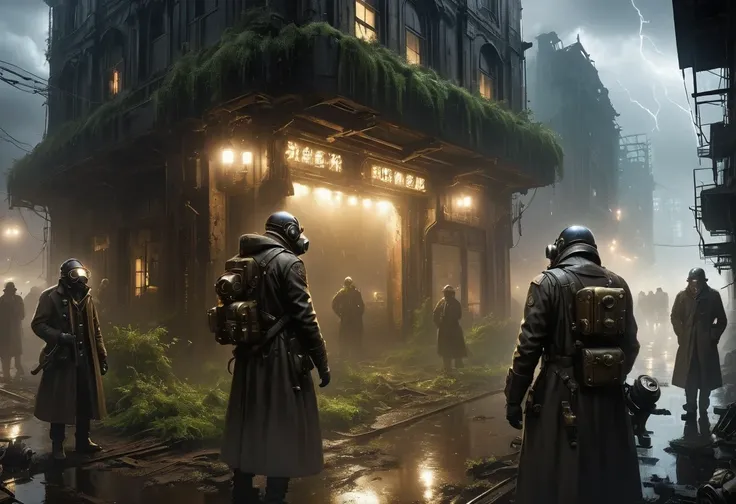 A future doctor in a white robe wearing a future Gas Mask walks through a destroyed future city，Heavy rain(illumination,The City of Doom,abandoned,dystopia,Futurism,Dark atmosphere,Overgrown vegetation,deserted street,Crumbling building,black wall,broken w...