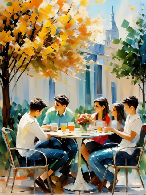 Modern Impasto Style,abstract art, multiple boys, table, multiple girls, tree, flower, sitting, 6+boys