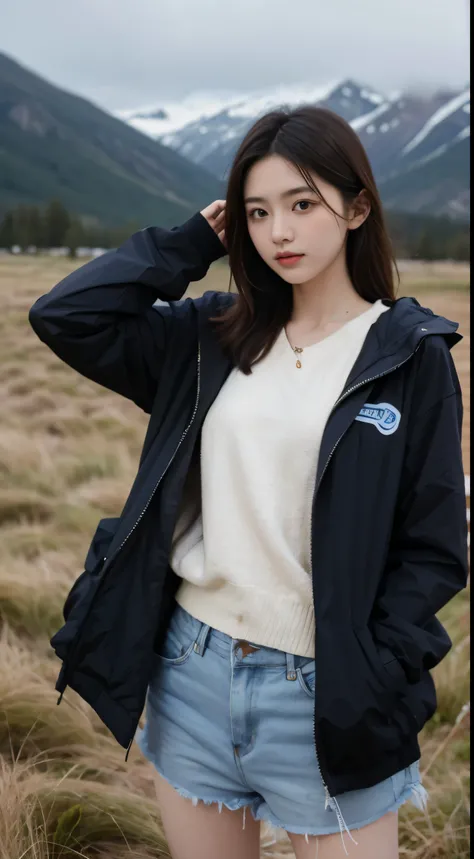 (for real:1.5)，Wear a windproof jacket，（Snow Mountain：1.5），grassland，emaciated，18 years old，A girl，Korean beautiful cute girl，Minami Zaiwa, Xintong Chen