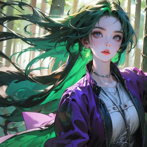  1girl, solo, (forest green hair:1.2), Asymmetrical haircut, (violet clothes:1.2) masterpiece, best quality, photorealistic, realistic, , caustics, subsurface scattering , wind