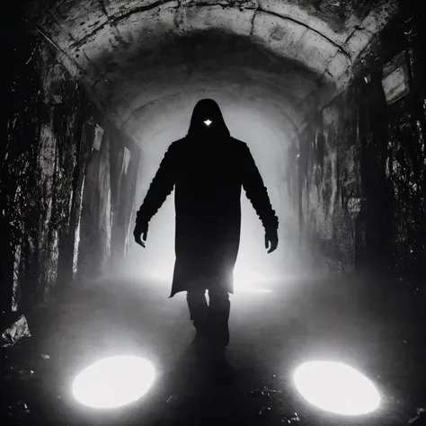 arav&#39;s image of a person standing in darkness and light shining on him., dark figure walking, claustrophobia, an eerie, unse...