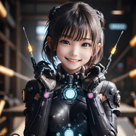 highest quality、8ｋ、(((very cute smile)))、10 years old、characters with cyberpunk-style mechanized body parts stand out.. the tran...