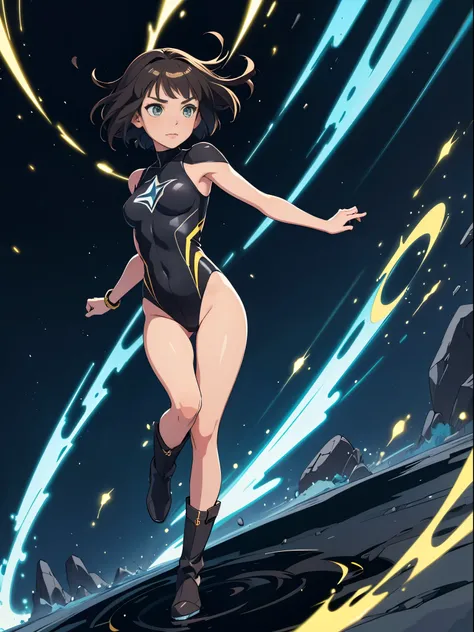 1girl, mature adult, dark-brown hair, (leotard), boots, bracelets, green eyes, solo, single, (bare legs), bob hair, short hair, solo, single, spread arms, standing, spinning like a tornado, bob hair, light particles, sparkling, super speed, spiral lines ar...