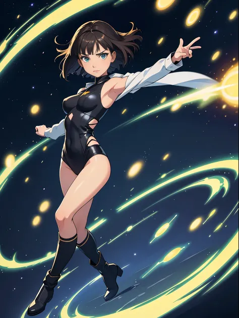 1girl, mature adult, dark-brown hair, (leotard), boots, bracelets, green eyes, solo, single, (bare legs), bob hair, short hair, solo, single, spread arms, standing, spinning like a tornado, bob hair, light particles, sparkling, super speed, spiral lines ar...