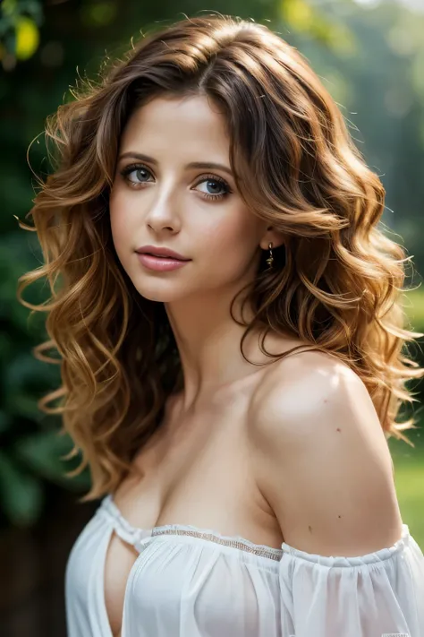 Masterpiece, a high resolution, 8k, computer generated image, detailed facial expressions, great depth of field, a beautiful Sarah Michelle Gellar, 25 years old, luscious curly hair, she is a playmate, a mens magazine model, she is wearing a loose off the ...