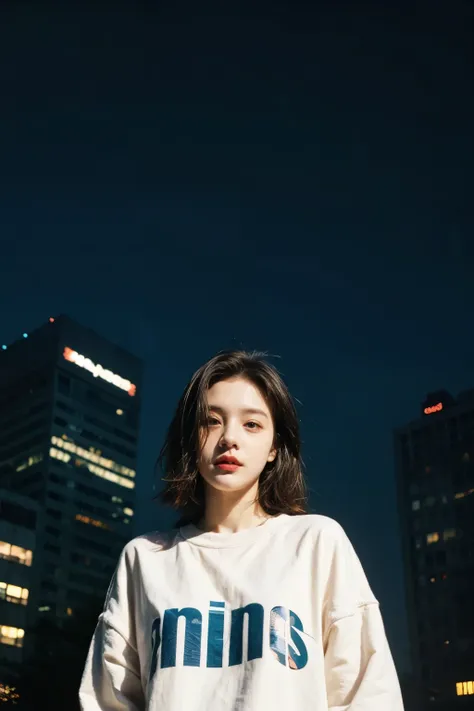 23 years old girl, messy hair, white oversize sweatshirt, detailed eyes, city skyscraper background, night, cyberpunk vibes, dark lighting, 