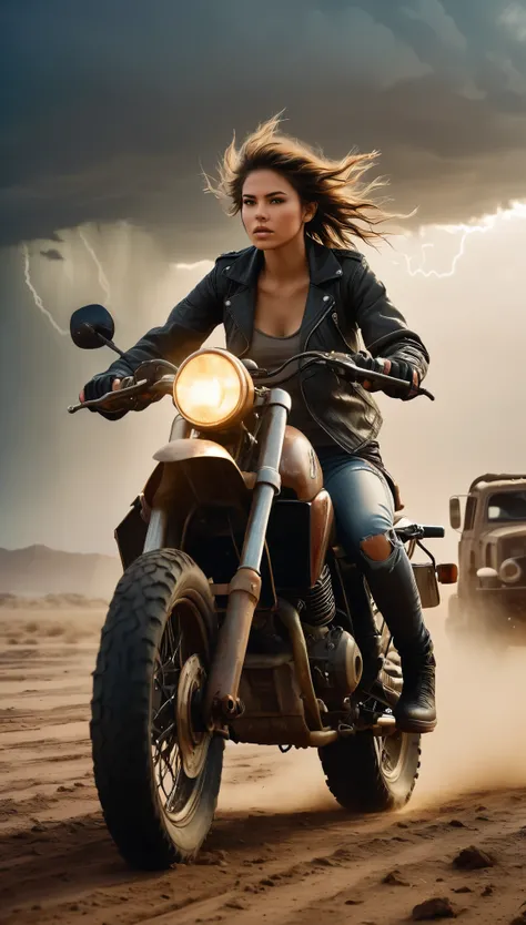 A photorealistic photo of a post-apocalyptic wasteland. A woman rides a motorcycle fast. She is dressed modern but in old, worn and damaged clothes. The motorcycle is of the ADV type, damaged and repaired from possible available parts. It has extra tube gu...