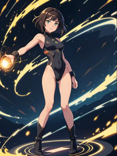 1girl, mature adult, dark-brown hair, (leotard), boots, bracelets, green eyes, solo, single, (bare legs), bob hair, short hair, solo, single, spread arms, standing, spinning like a tornado, bob hair, light particles, sparkling, super speed, spiral lines ar...