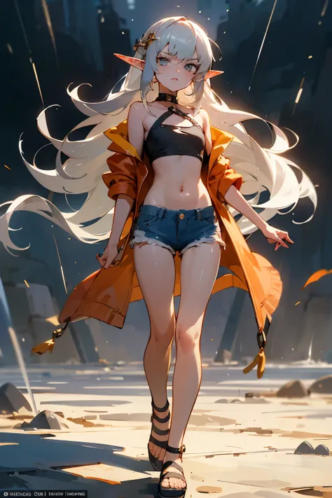 young beautiful with a serious expression on her face, not tall, ash-haired elf vampire with long hair in a light open top and denim shorts, in rag sandals without fasteners with an open chest of the second size in full height without a raincoat in excelle...