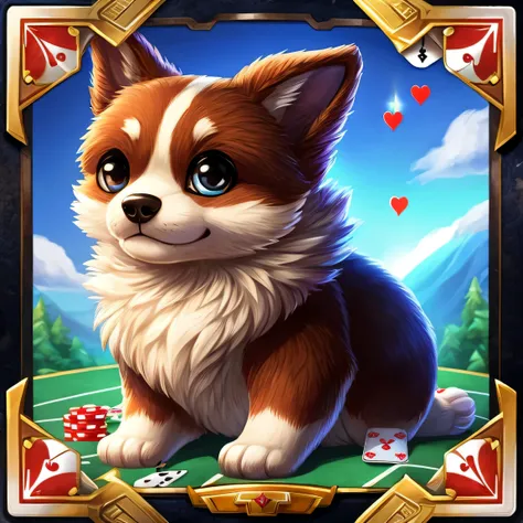 ( high quality , Ultra Detailed, )Image of cute dog holding playing cards，Game Icon