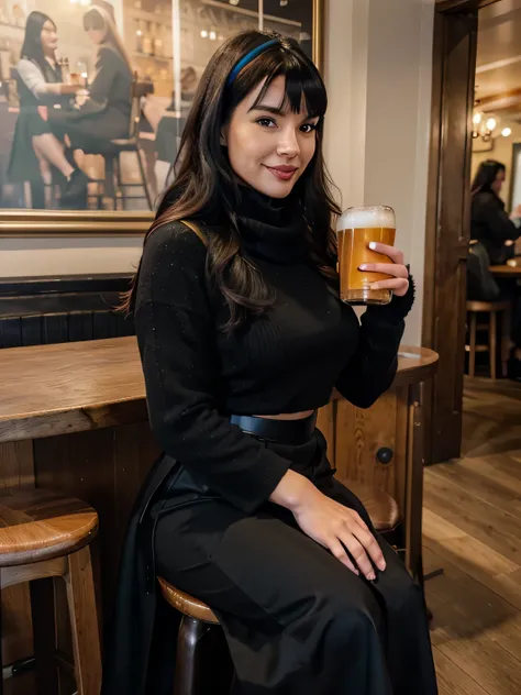 proFessional portrait photograph oF a gorgeous Smiling Bettie page  girl in winter clothing with long wavy Black hair, black long maxi-skirt(black long maxi-skirt:1.2),sultry Flirty look, gorgeous symmetrical Face, joli maquillage naturel, wearing elegant ...