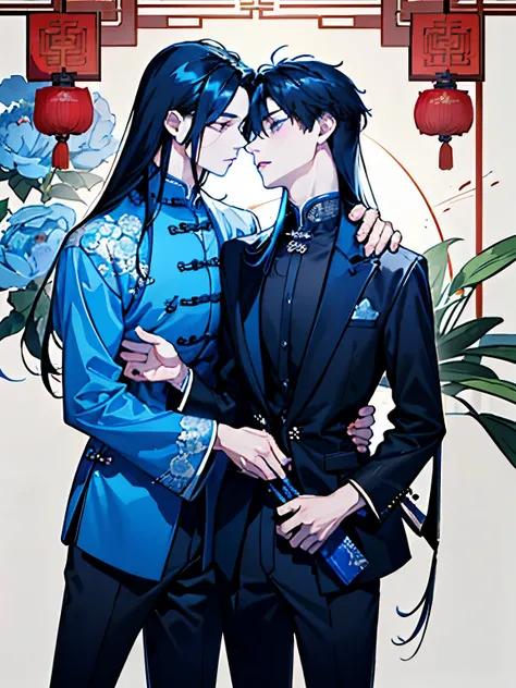 Blue and black clothes,(Two boys around 18 years old:1.5),Ancient Chinese style war god clothing,They are staring at each other,(kiss),(long hair:1.5),A solemn atmosphere like that of a temple,(Chinese peony:1.35)