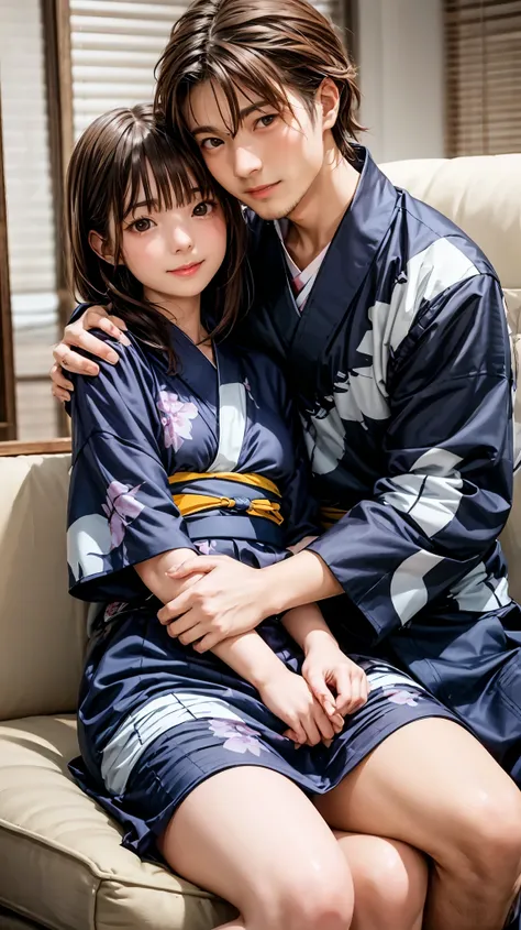 highest quality、4K quality、Man sitting on sofa、A woman in a yukata approaches a man、Man hugs womans breasts、A man puts his hand on a woman&#39;s crotch、slender、Small face、18-year-old、