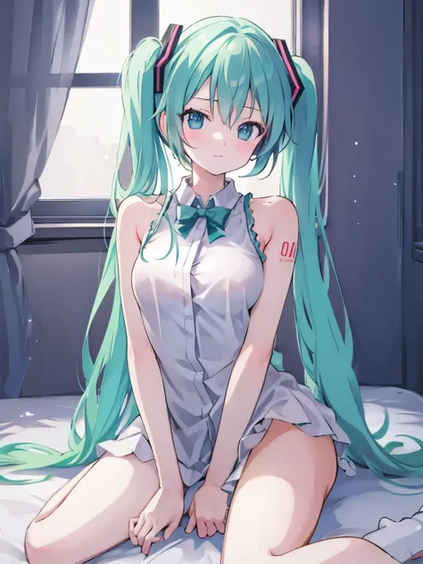 hatsune miku sitting on a bed, thick thighs, smooth skin, warm lighting, nsfw, sex