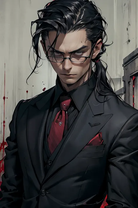 best quality, high resolution, vampire, Wear glasses, Dark tones, man, half body, Long hair tied up, suit, darkness, black hair, cool, blood