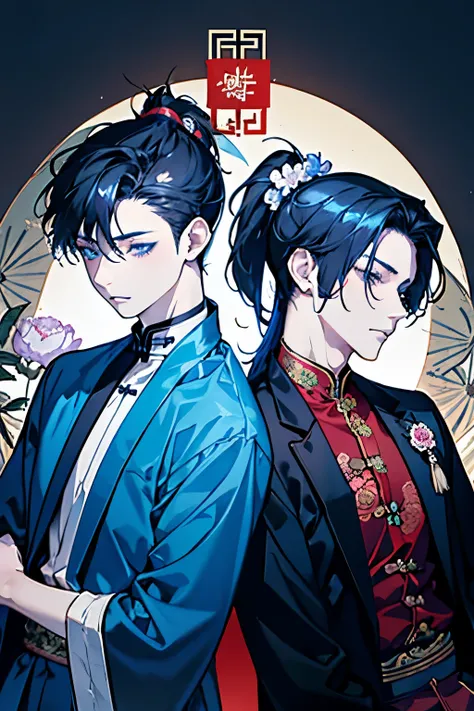 Blue and black clothes,(Two boys around 16 years old:1.5),Ancient Chinese style war god clothing,(kiss),(ponytail:1.4),A solemn atmosphere reminiscent of a Kannon temple,(Chinese peony:1.35)