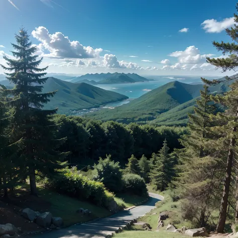 A mountain cover with trees and surrounded by ocean in anime style 