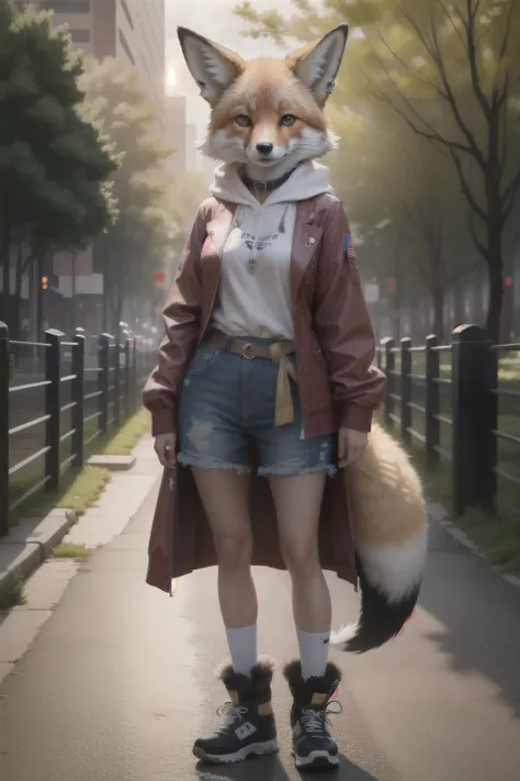 Photo RAW, uhd, dslr, high quality, realistic, realistic photo, dreamlikeart, lens flare, standing, upper body, looking at viewer, animal focus, furry, fursuit, 1girl, fox, cute, kawaii, adorable, skin, skin head, narrow waist, fox ears, paw, paw shoes