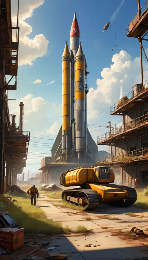 (a detailed scene, highres, HDR, vibrant colors), a rocket maintenance yard from "Fallout 4", with (mechanics working on engines:1.2), (gritty and worn-out machinery:1.1), (smoke billowing from exhaust pipes), (crane lifting a rocket engine), (toolboxes an...