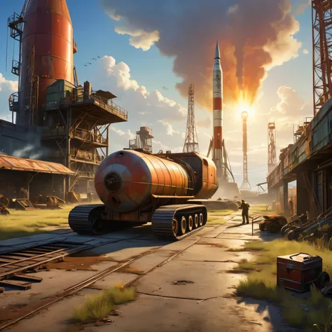 (a detailed scene, highres, HDR, vibrant colors), a rocket maintenance yard from "Fallout 4", with (mechanics working on engines:1.2), (gritty and worn-out machinery:1.1), (smoke billowing from exhaust pipes), (crane lifting a rocket engine), (toolboxes an...