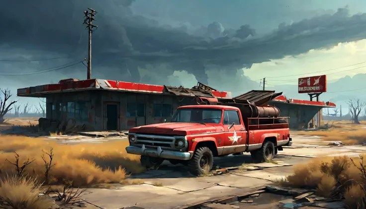 (a abandoned,post-apocalyptic,fallout 4:1.1) red rocket truck stop,barren wasteland,cracked concrete buildings,aged and weathered,overgrown with weeds and vines,dusty,dilapidated vehicles,dark and gloomy atmosphere,distant radioactive glow,desolate and hau...