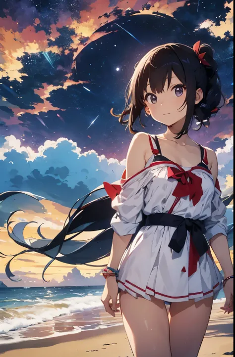 Japanese anime style,A young girl stands on a deserted white sand beach, Red Bikini、Red Bikiniを着ている,There is a beautiful starry sky in the background, Starry sky and sea、The girl has a relaxed look, Capture the calm and tranquil atmosphere of a beach eveni...