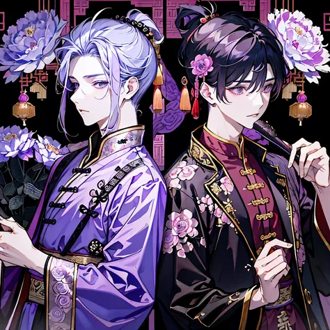 Purple and black robes,(Two boys around 16 years old:1.5),Ancient Chinese style war god clothing,(kiss),(ponytail:1.4),A solemn atmosphere reminiscent of a Kannon temple,(Chinese peony:1.35)